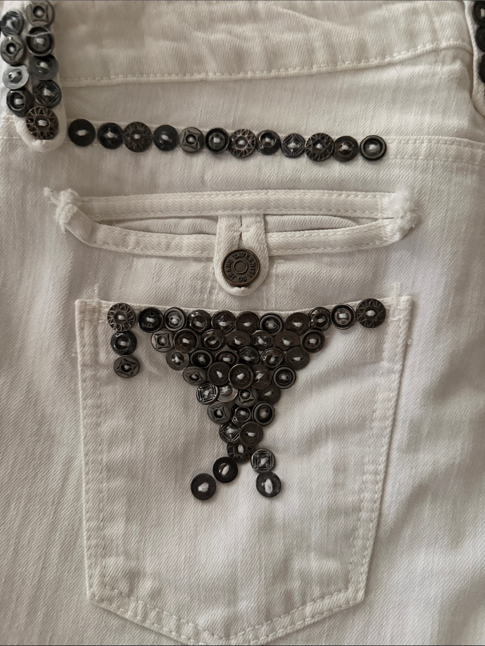 Taverniti 🩶Jeans White Slim Straight Jeans with Black Stud Accents